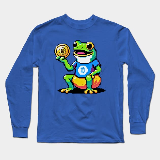 8-Bit Bitcoin Frog - Pixelated Cryptocurrency Art Long Sleeve T-Shirt by Pixel Punkster